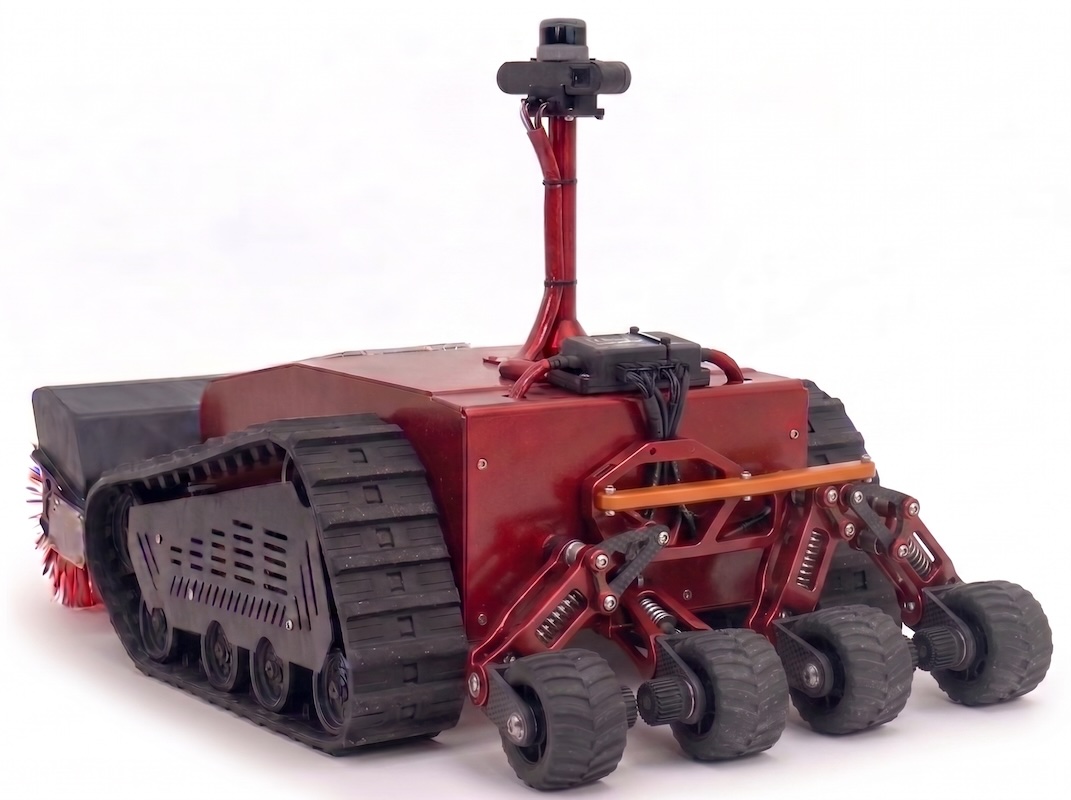 Rear view of Frost-E robot showing rear mechanical tactile ice detector mechanism and articulating suspension