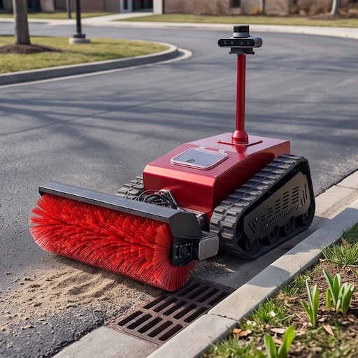 Frost-E robot clearing winter gravel and spring hardscape debris