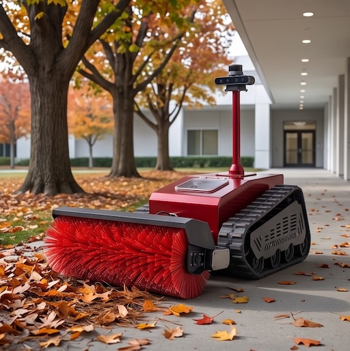 Frost-E robot sweeping autumn leaves along campus paths