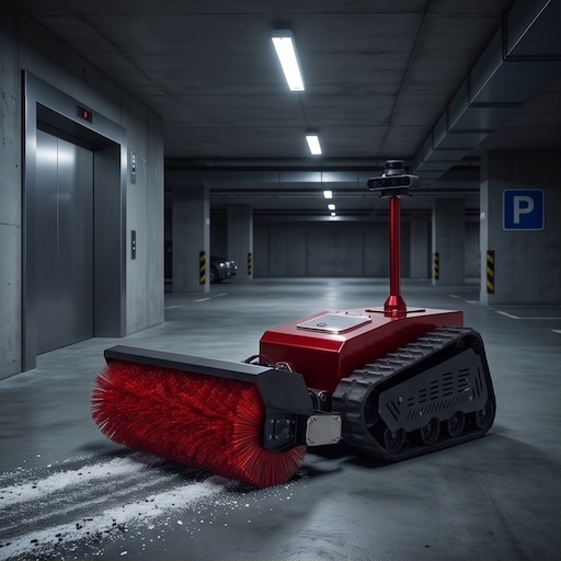 Frost-E robot sweeping an underground parking garage